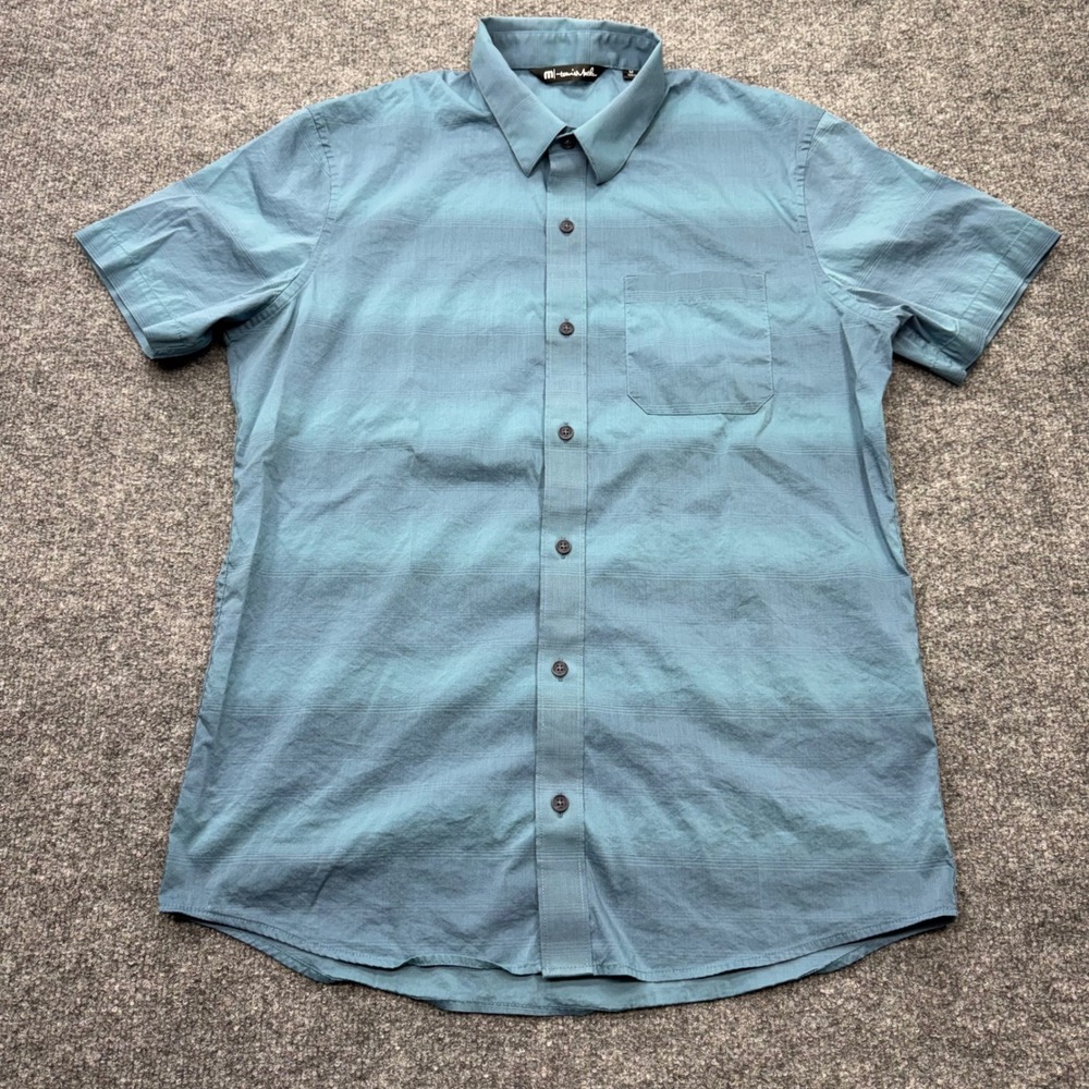 TravisMathew Mens‎ Medium Teal Blue Striped Short Sleeve Button Down Golf Shirt